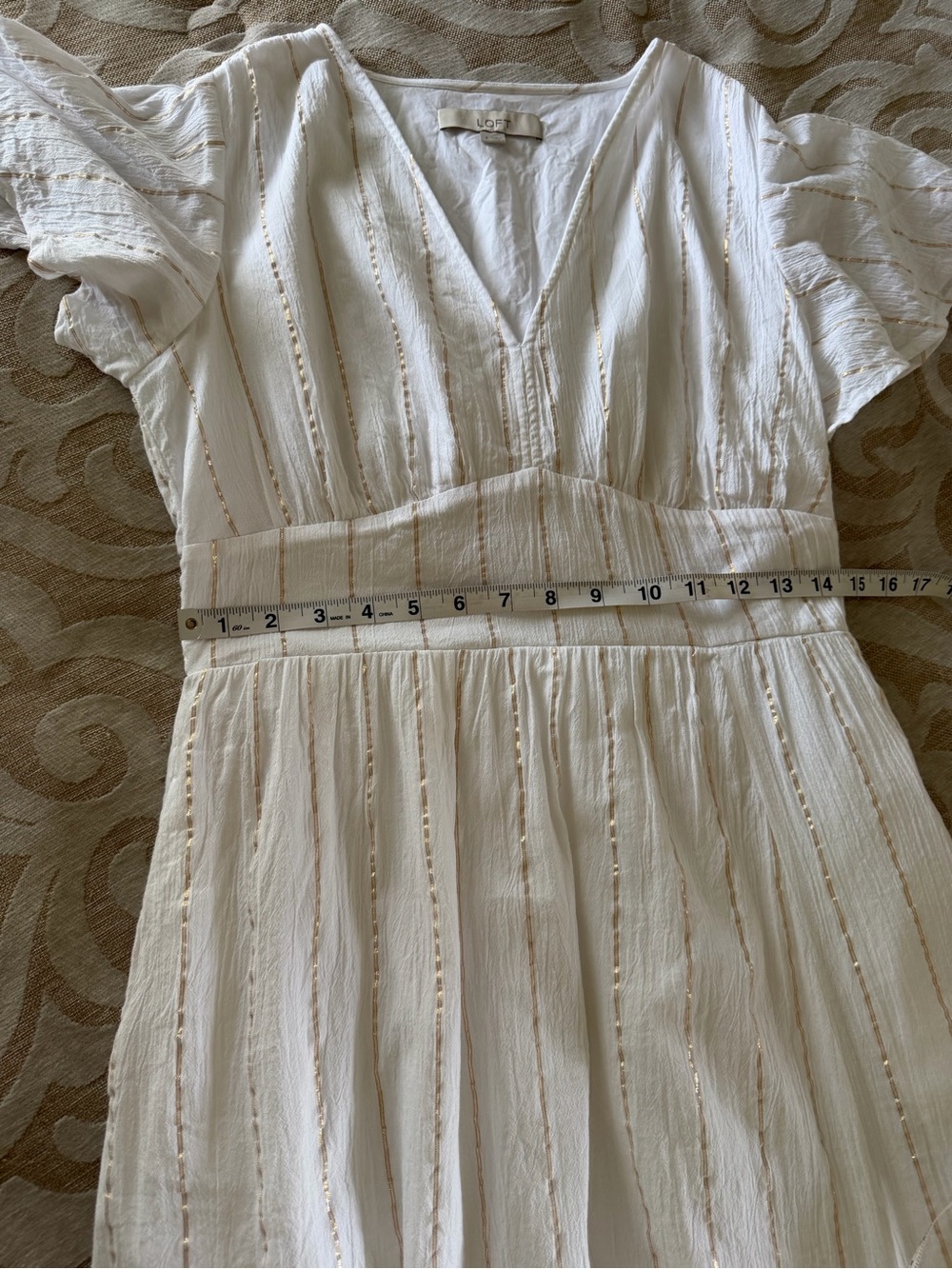 LOFT White Gold Metallic Stripe Flutter Sleeve Maxi Dress S - Picture 7 of 12